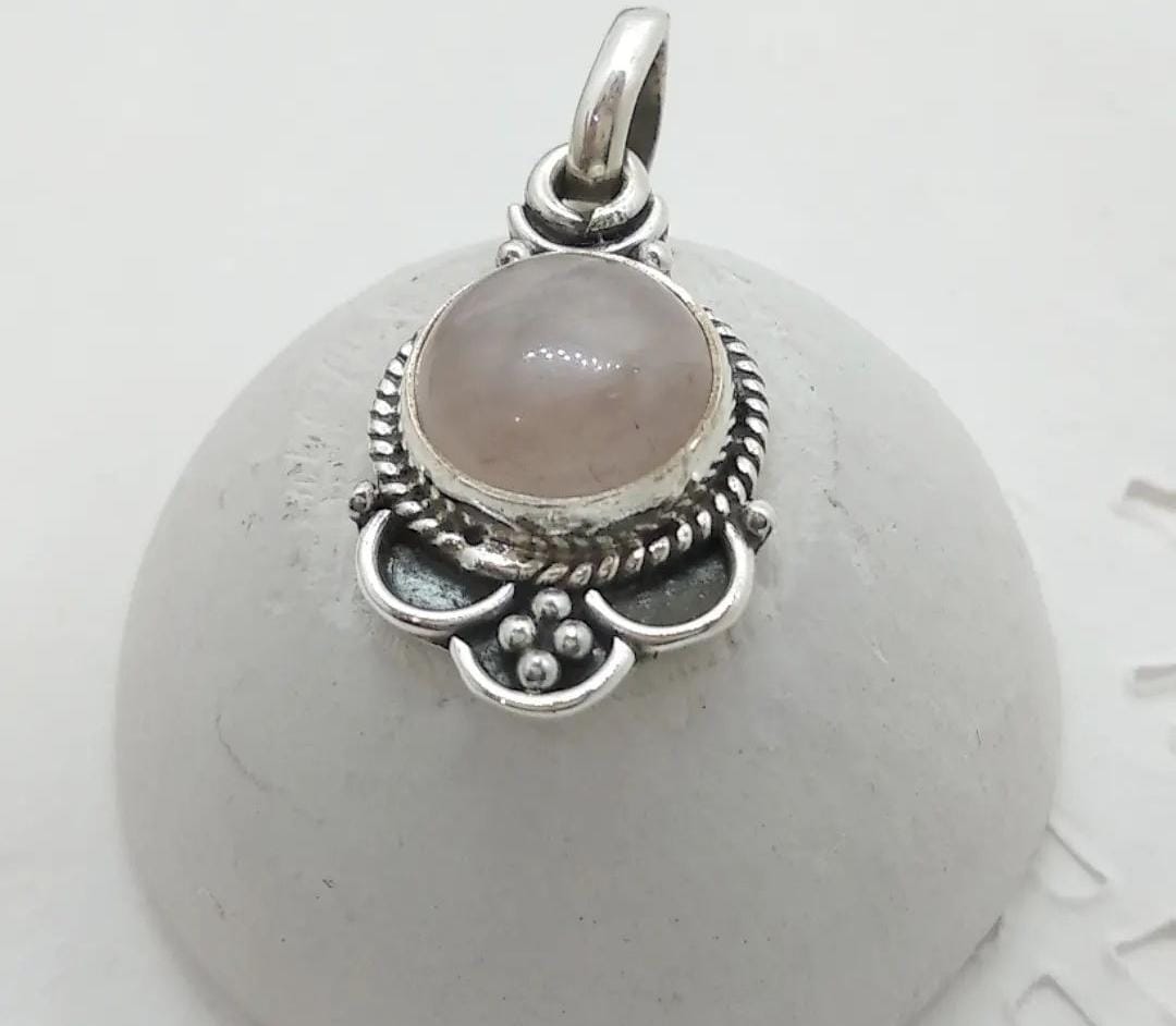 Bohemian Style Rose Quartz Round Silver Pendant