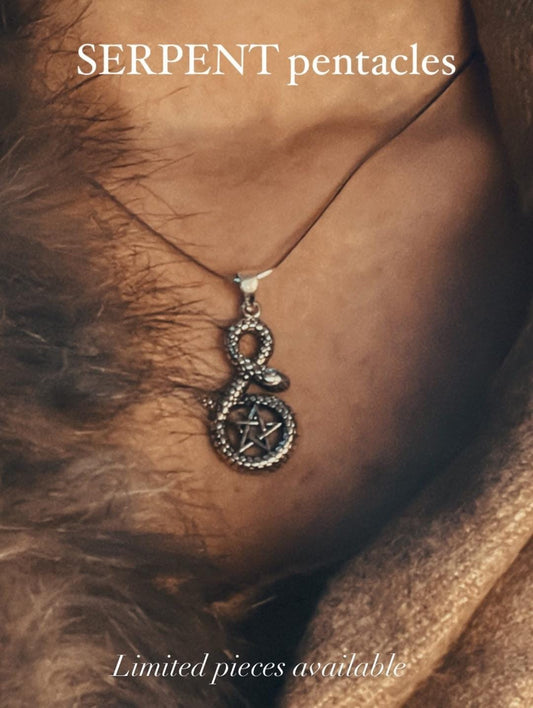 Snake pentacle silver pendant with intricate design