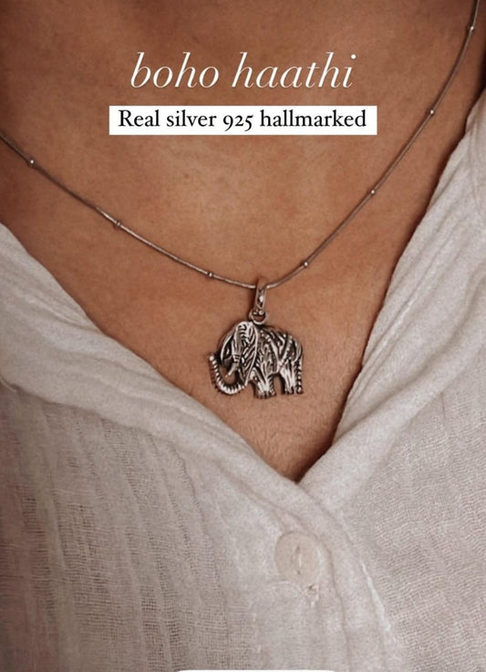 Boho Leaf Hathi Silver Pendant