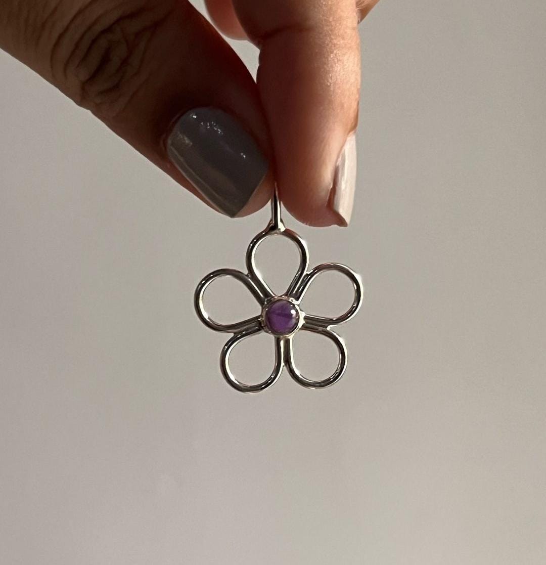 Silver Pendant with Amethyst Stone and Floral Design