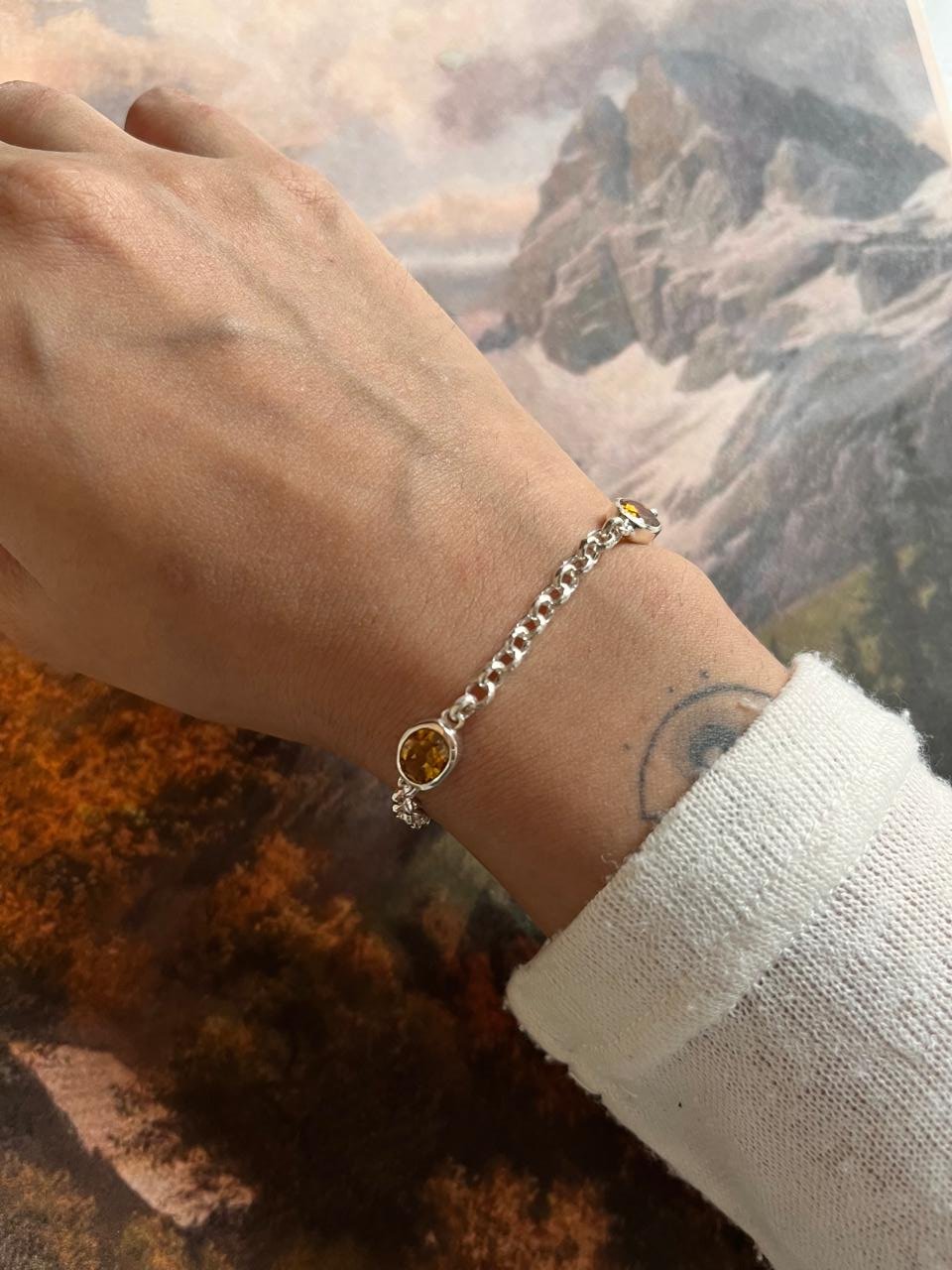 Natural Citrine 3 Stone Silver Bracelet