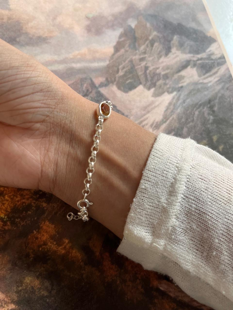 Handcrafted 3 Stone Citrine Silver Bracelet
