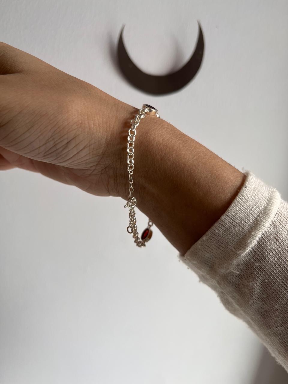 3 Stone Garnet Silver Bracelet for Healing