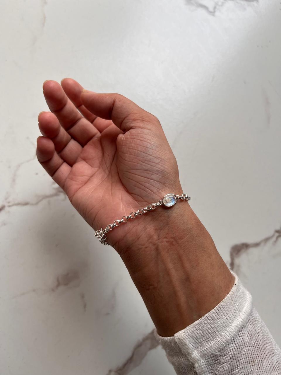 Natural Moonstone 3 Stone Silver Bracelet