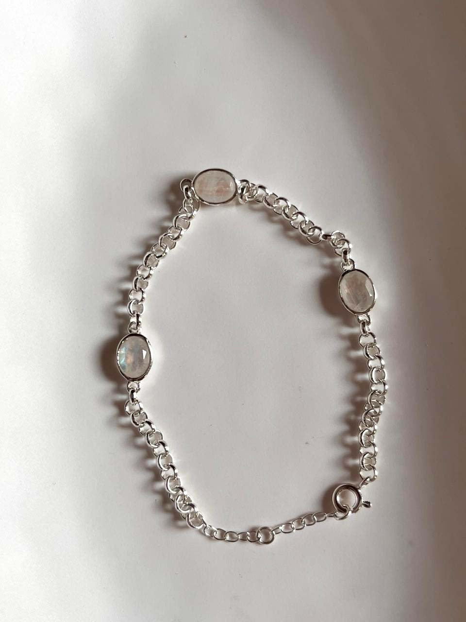 Handcrafted 3 Stone Moonstone Silver Bracelet