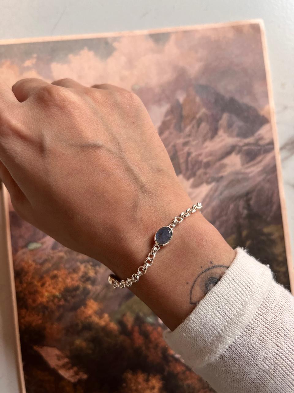 Handcrafted 3 Stone Labradorite Silver Bracelet