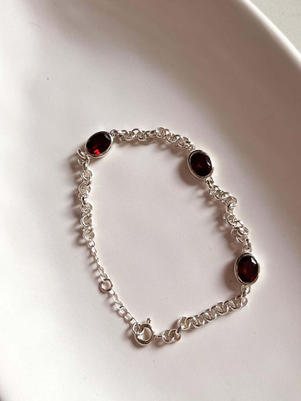 Silver Bracelet with 3 Garnet Gemstones