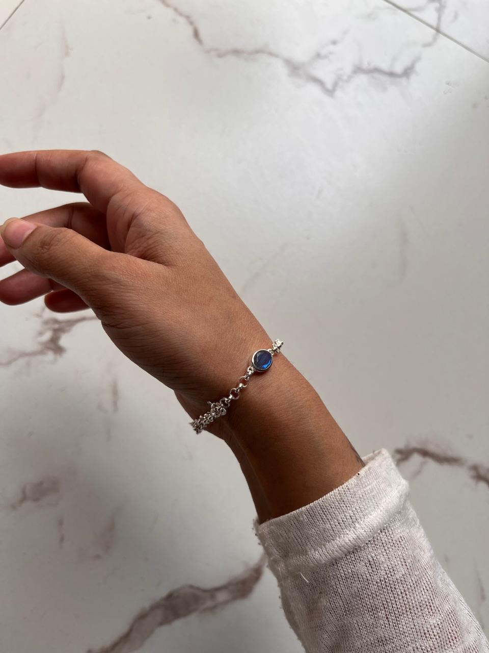 Natural Labradorite 3 Stone Silver Bracelet
