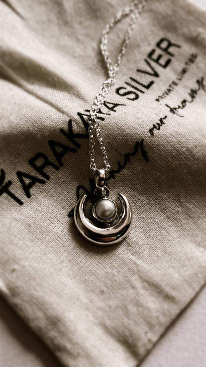 Charming Fresh Water Pearl Crescent Moon Pendant in Silver