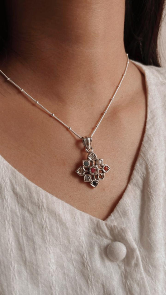 Navratan Gemstone Flower Pendant in Silver