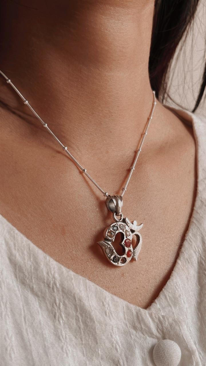 Om Aum Symbol Silver Pendant with Navratan Gemstones