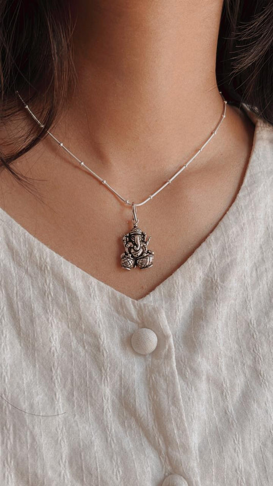 Elegant Ganesh with Damru Silver Pendant