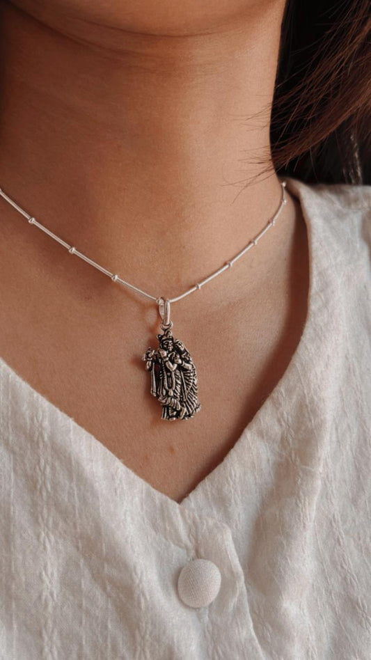 Radha Krishna Sterling Silver Pendant with Detailed Carving