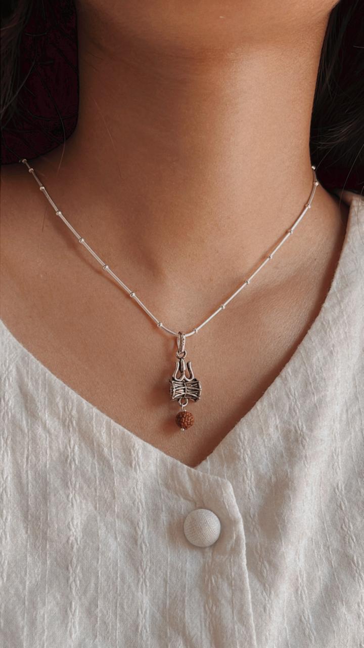 Silver pendant with Trishul Damru and Rudraksh design