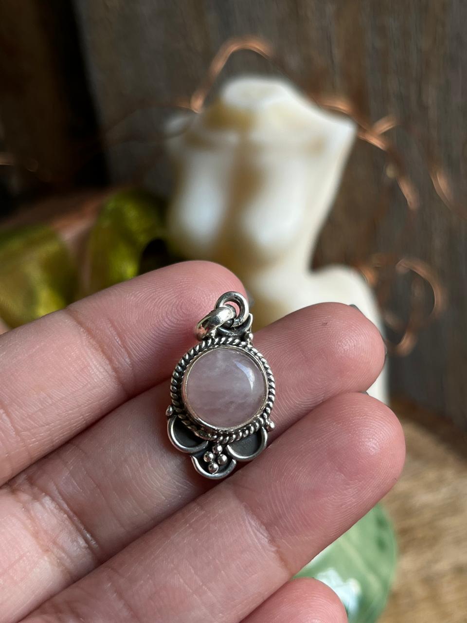 Rose Quartz Boho Round Pendant in Sterling Silver