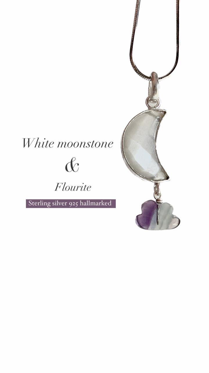 Handmade Moonstone Moon and Fluorite Cloud Pendant 