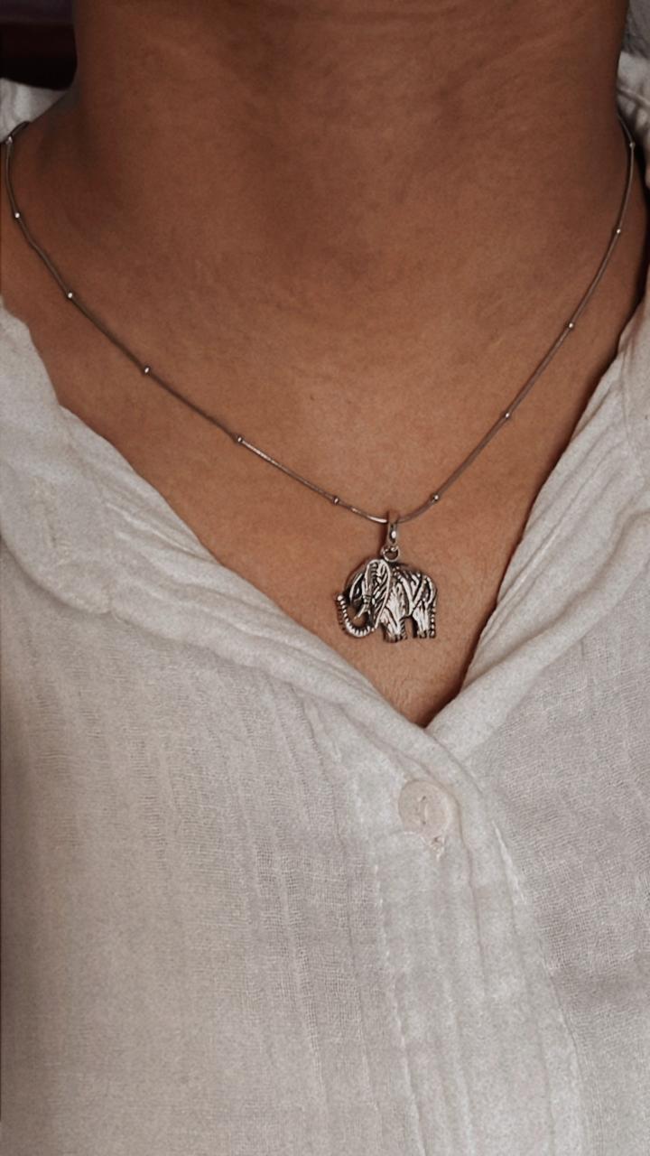 Elegant Boho Leaf and Hathi Elephant Silver Pendant