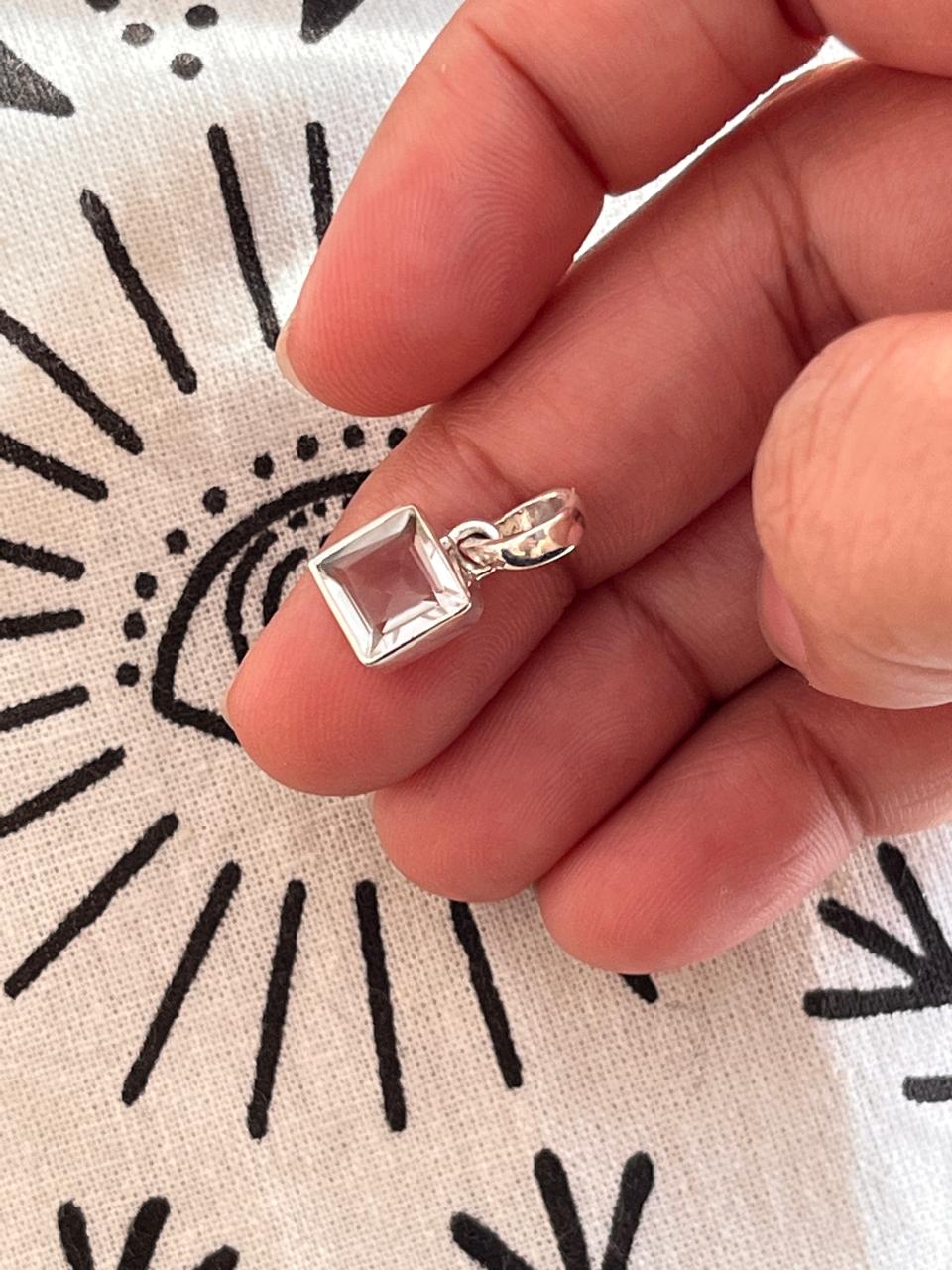 Clear quartz square cut silver pendant with minimalist design