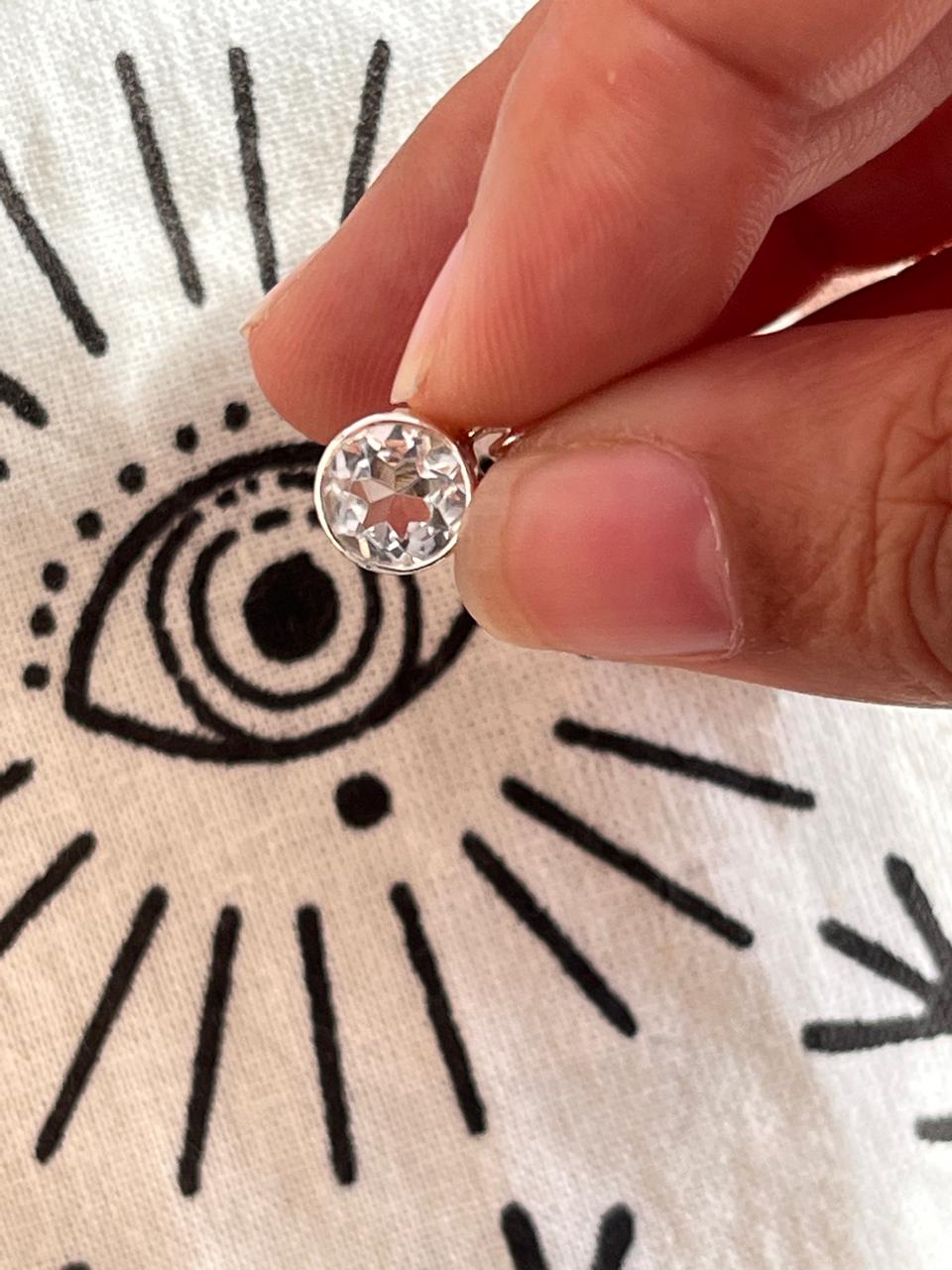 Close-up of clear quartz round cut pendant in sterling silver