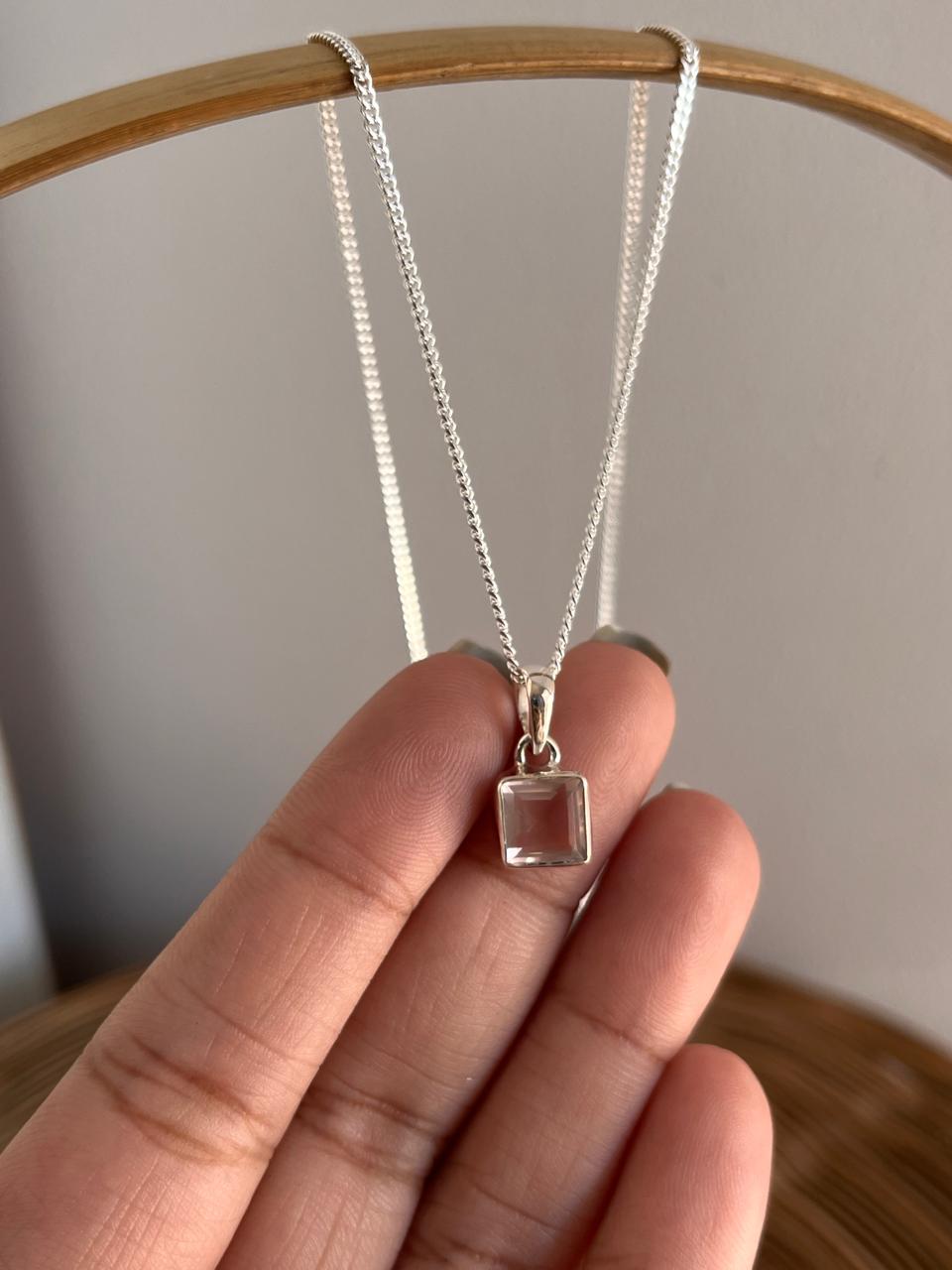 Elegant square cut rose quartz pendant with silver setting