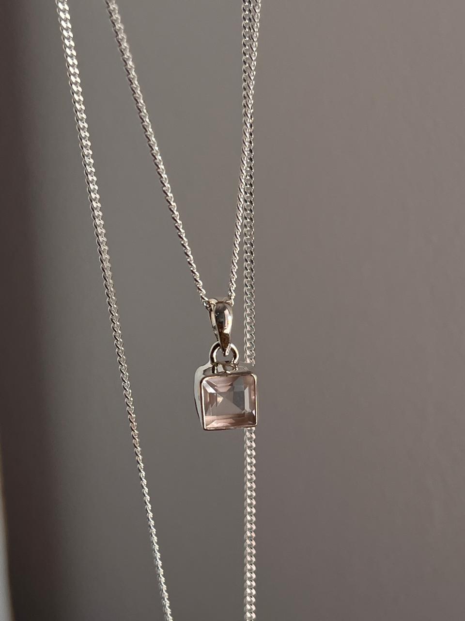 Handcrafted rose quartz square cut pendant in polished silver