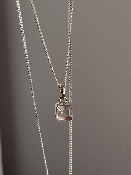 Handcrafted rose quartz square cut pendant in polished silver