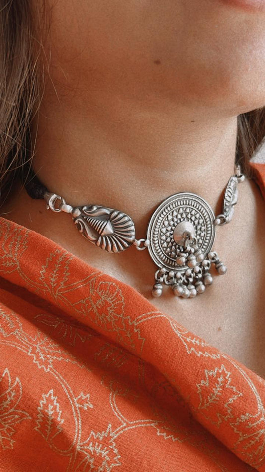 Antique mandala ghungroo choker necklace in sterling silver 925.