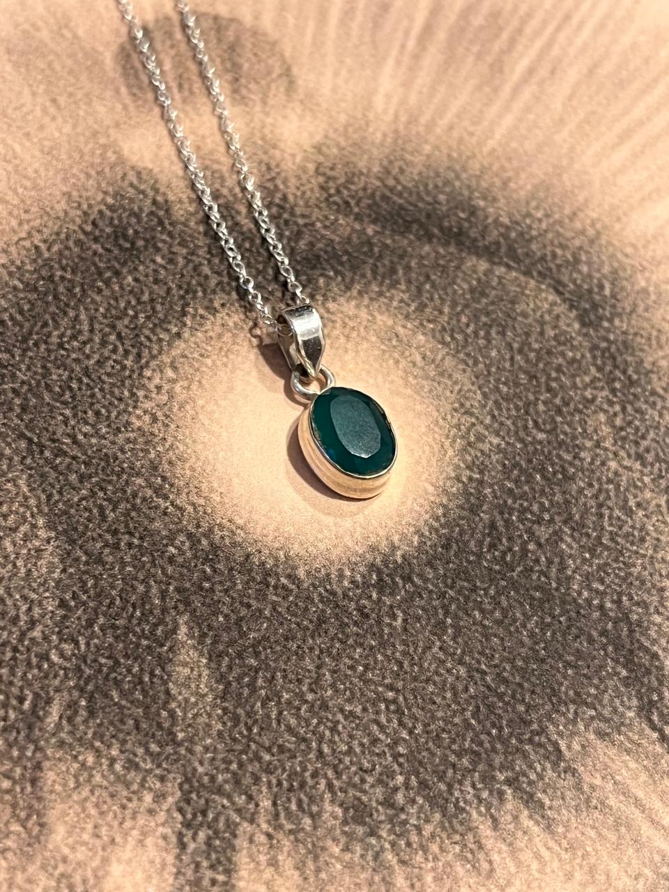Green onyx oval cut pendant in sterling silver