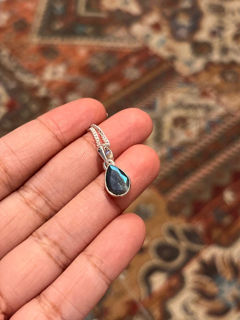 Labradorite Gemstone Pear Cut Pendant in Sterling Silver