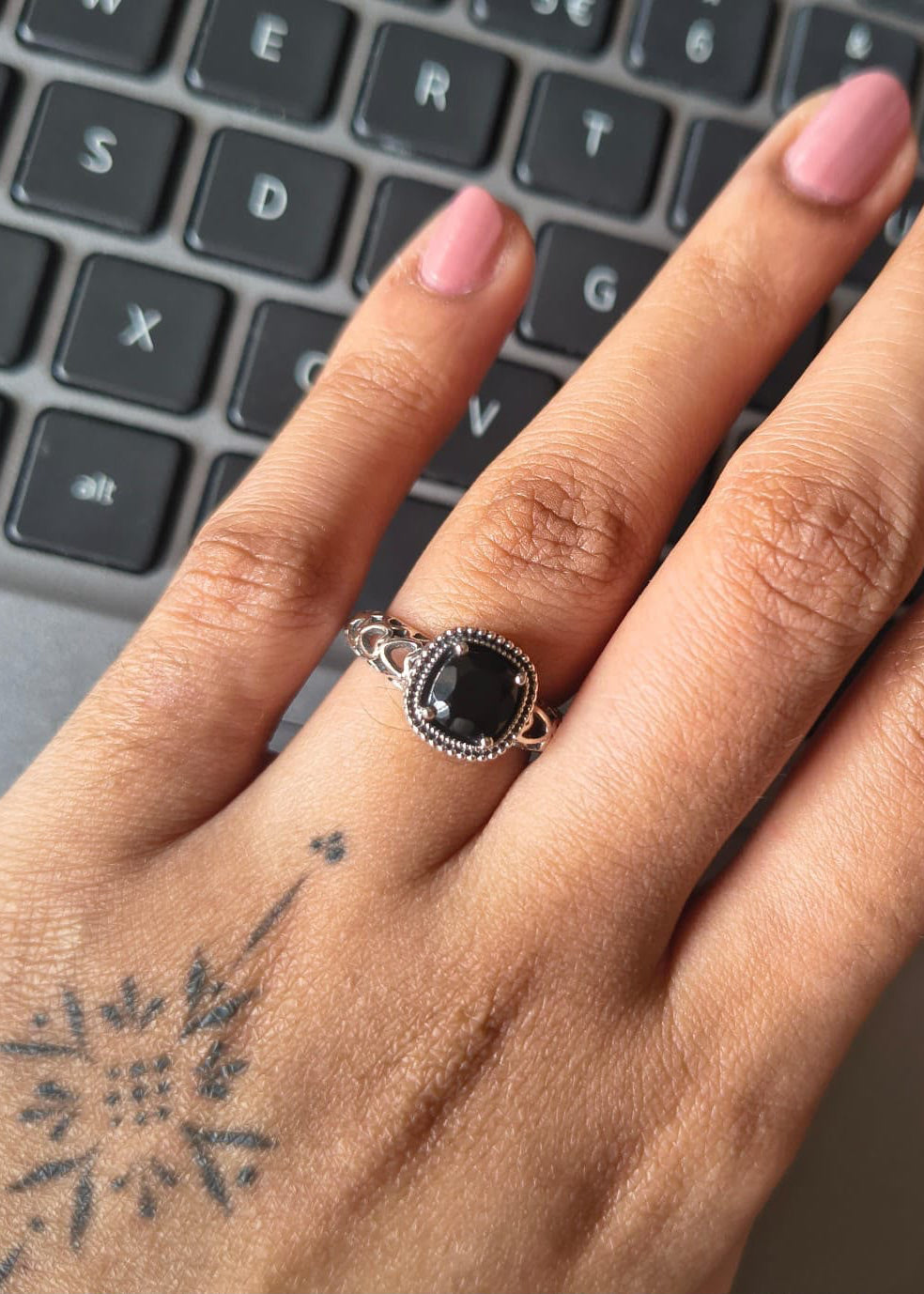 925 Sterling Silver Black Onyx Heart Band Ring