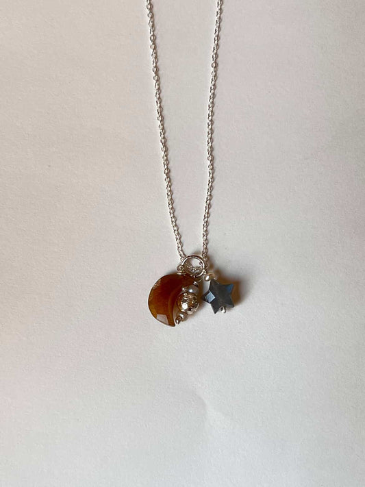 925 Sterling Silver Golden Moonstone Moon, Labradorite Star and Fresh Water Pearls with Silver Disco Beads Handcrafted Necklace