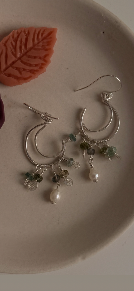925 Sterling Silver Crescent Moon - Pearl , Labradorite & Green Tourmaline - Handcrafted Wire Wrapped Boho Style Handcrafted Earrings