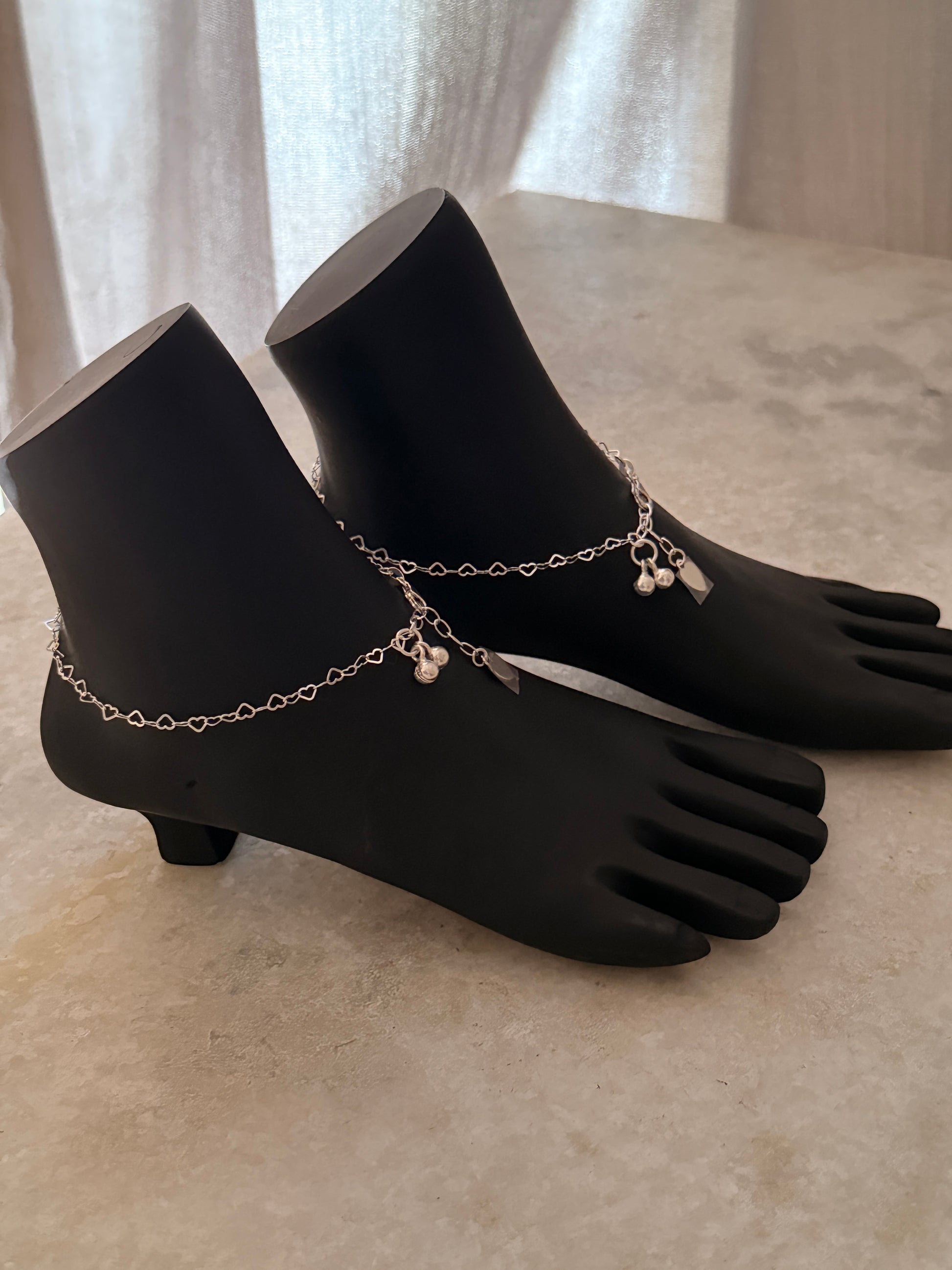 Polished sterling silver anklet with heart charm links  