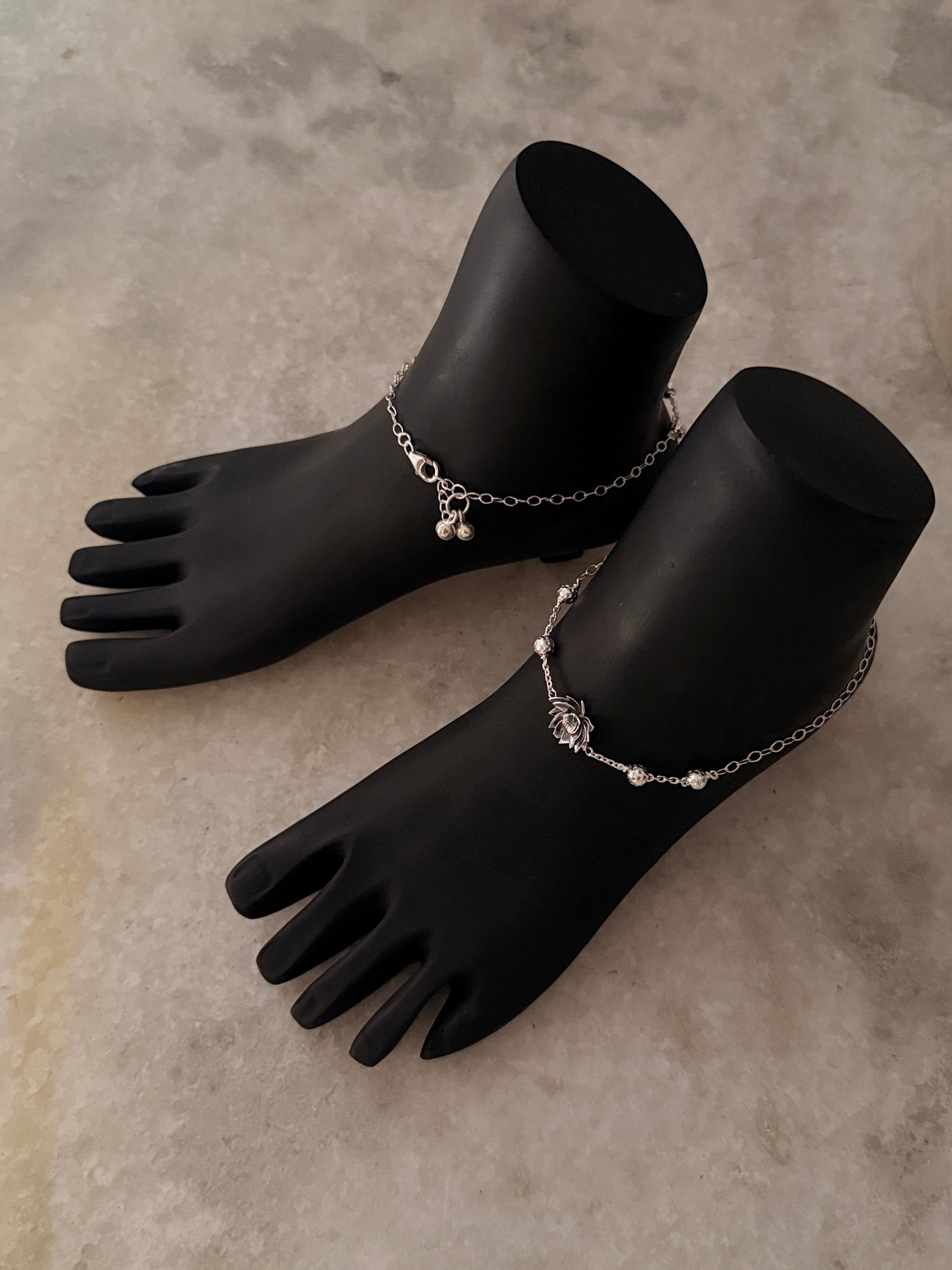 Spiritual lotus flower anklet in pure sterling silver  