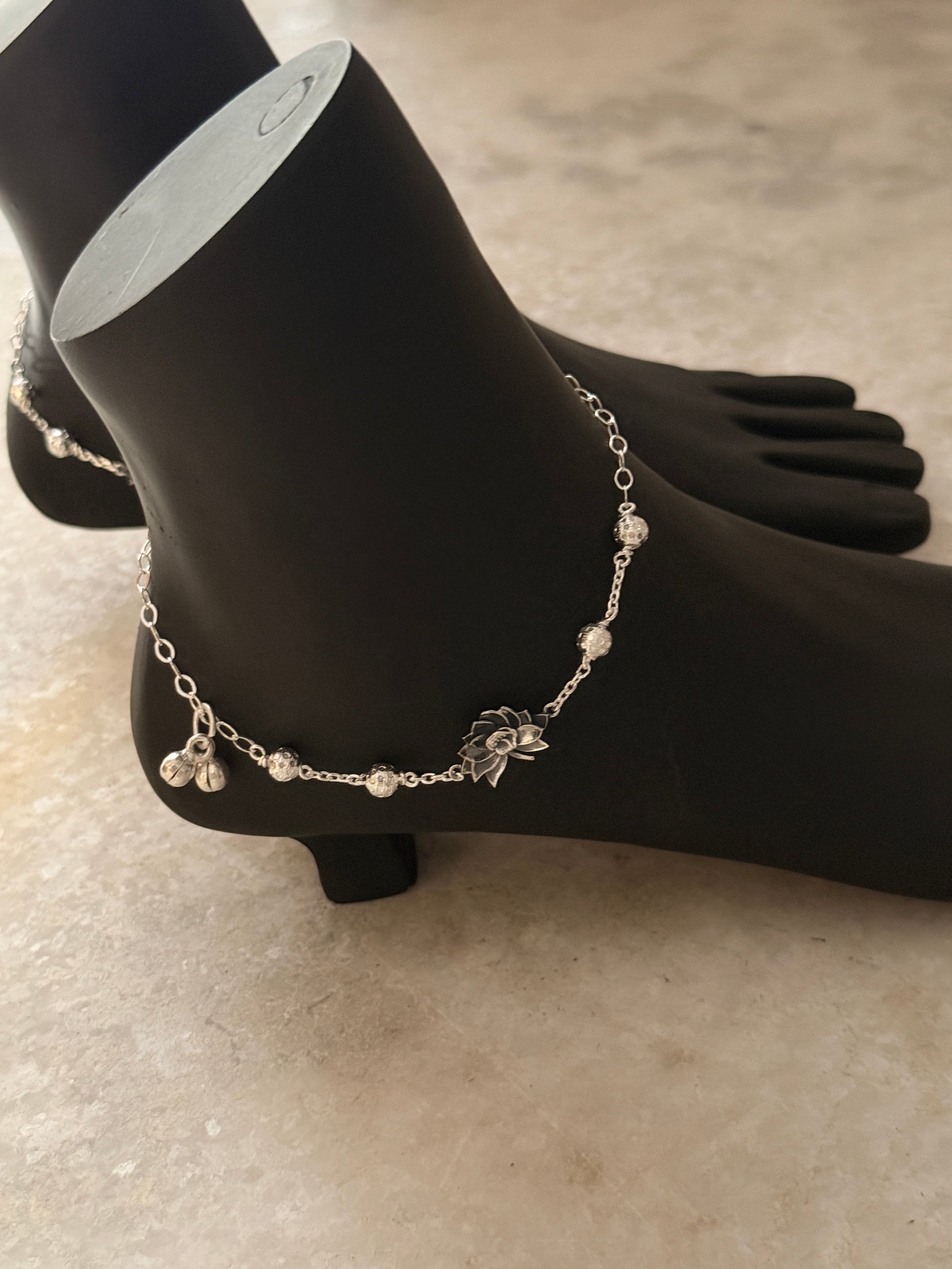 Handcrafted 925 silver lotus charm anklet for women
