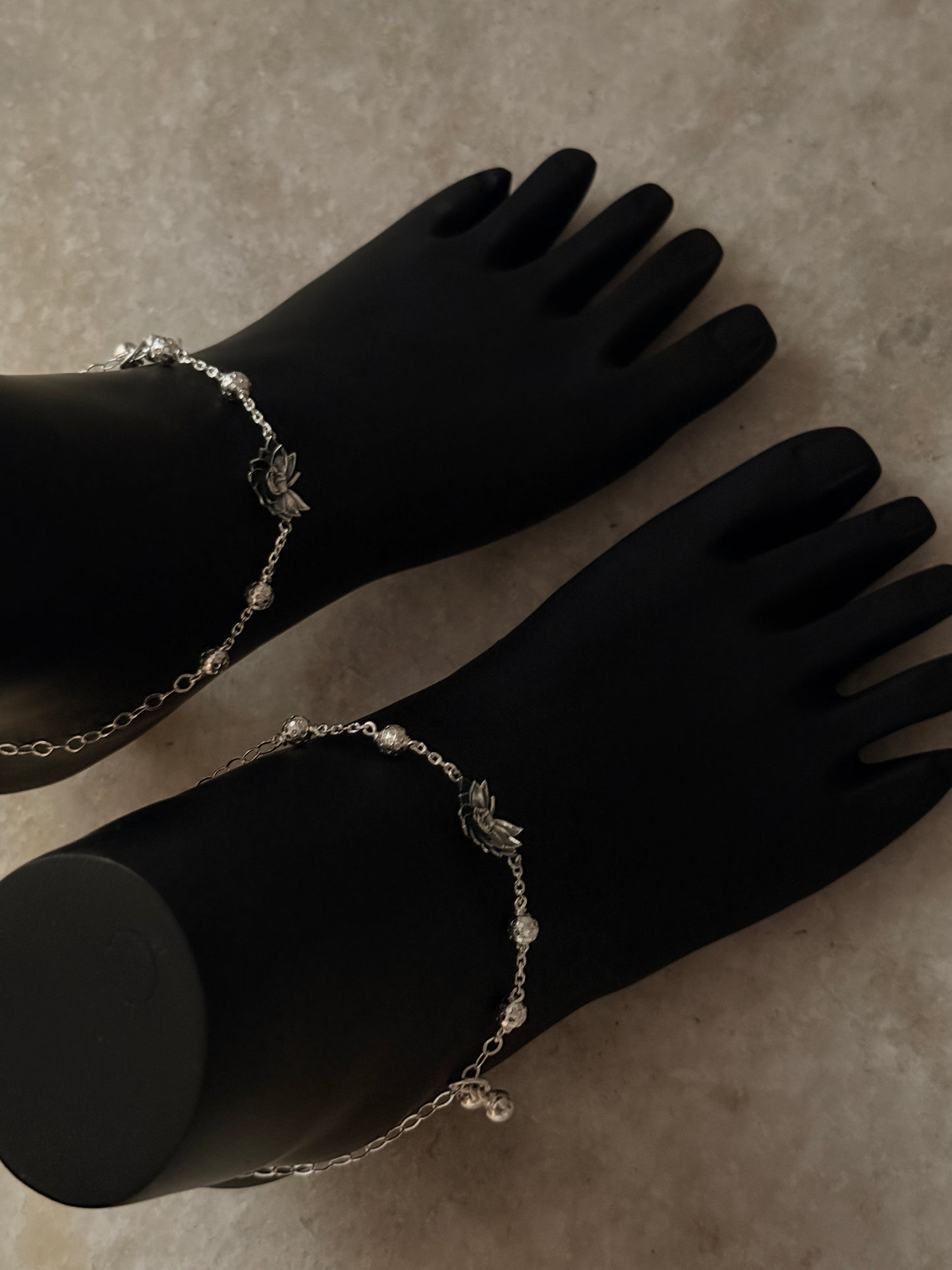 Spiritual lotus flower anklet in pure sterling silver  
