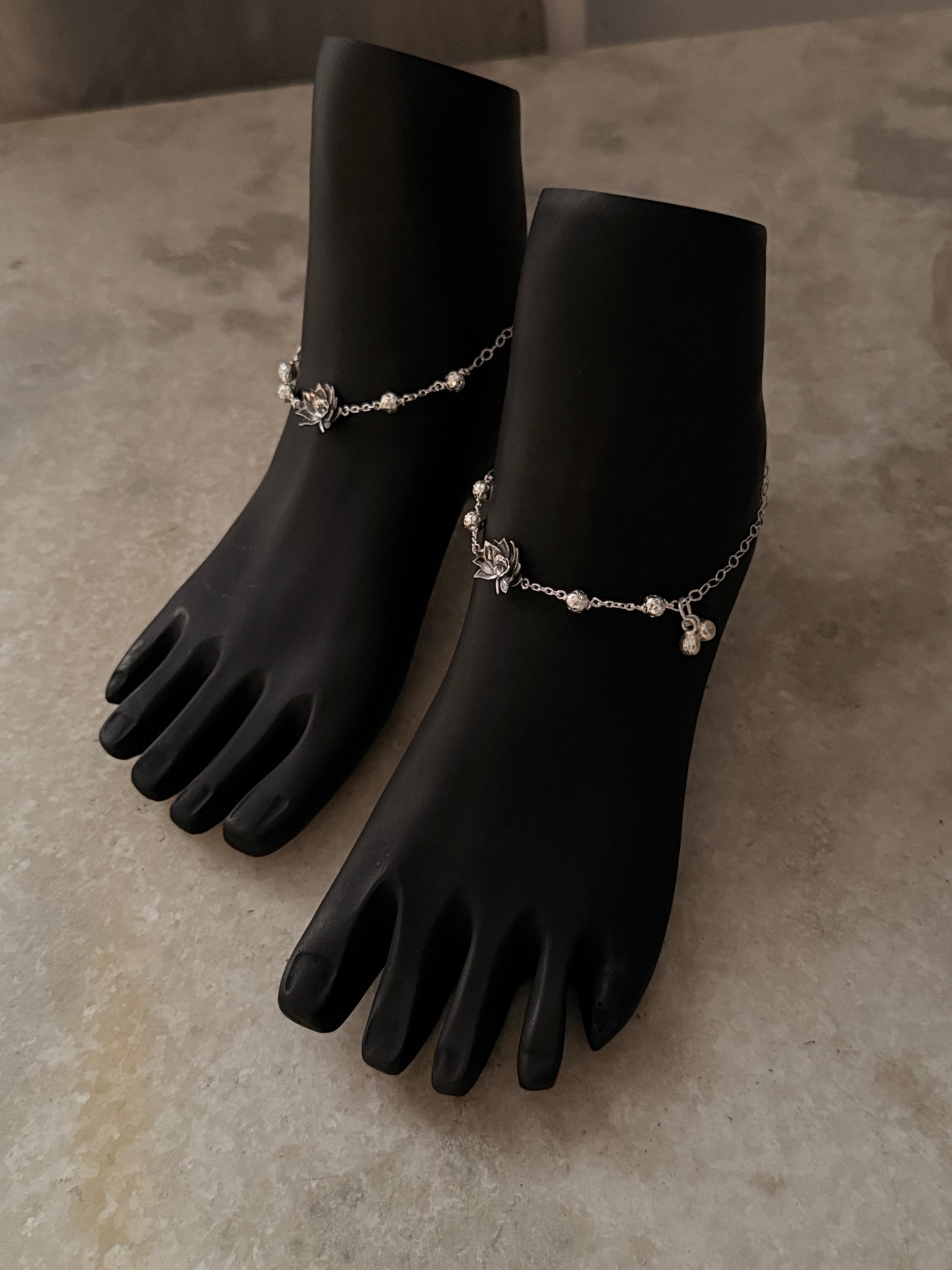 Polished sterling silver anklet with lotus pendant  