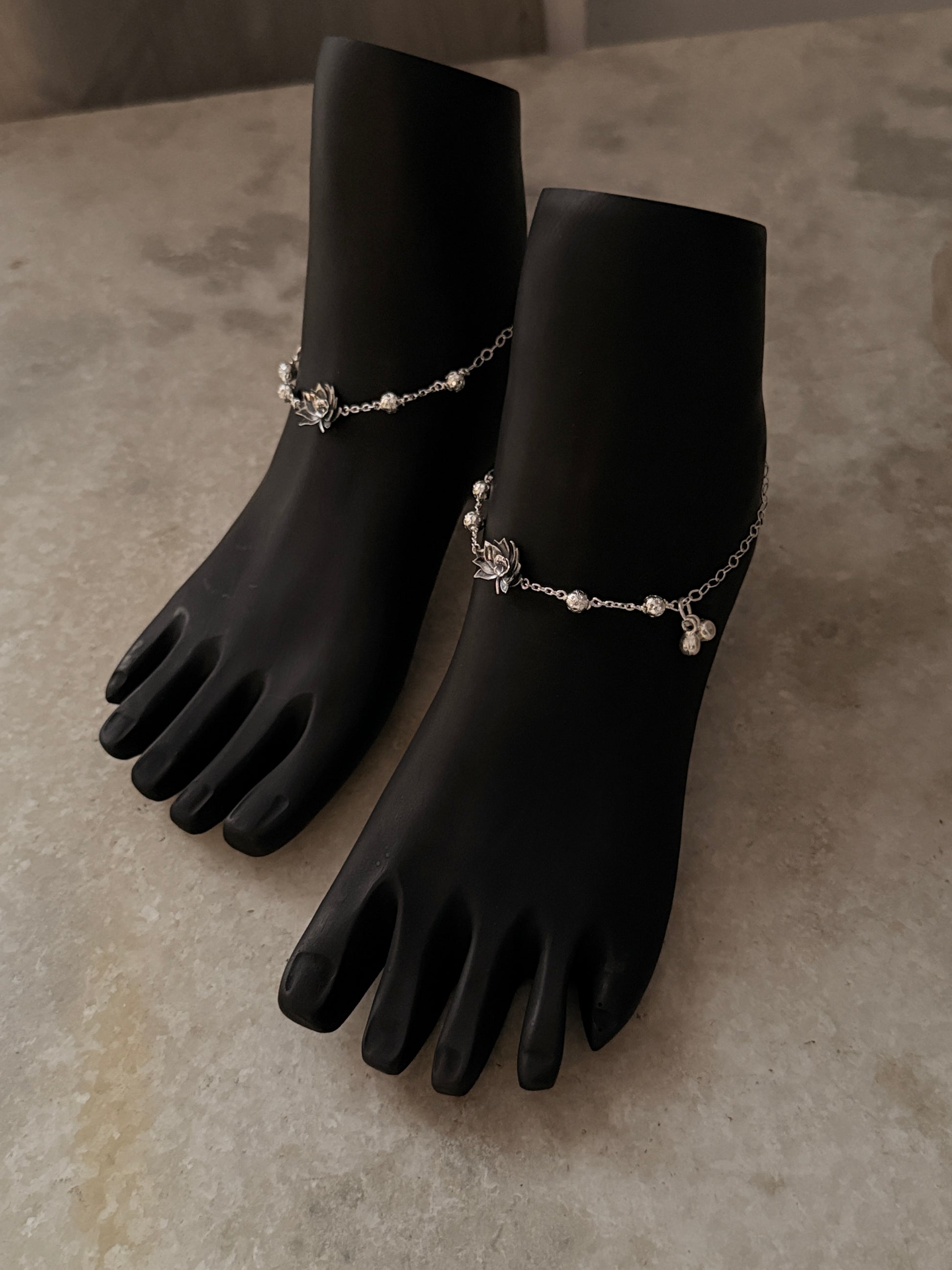 Polished sterling silver anklet with lotus pendant  