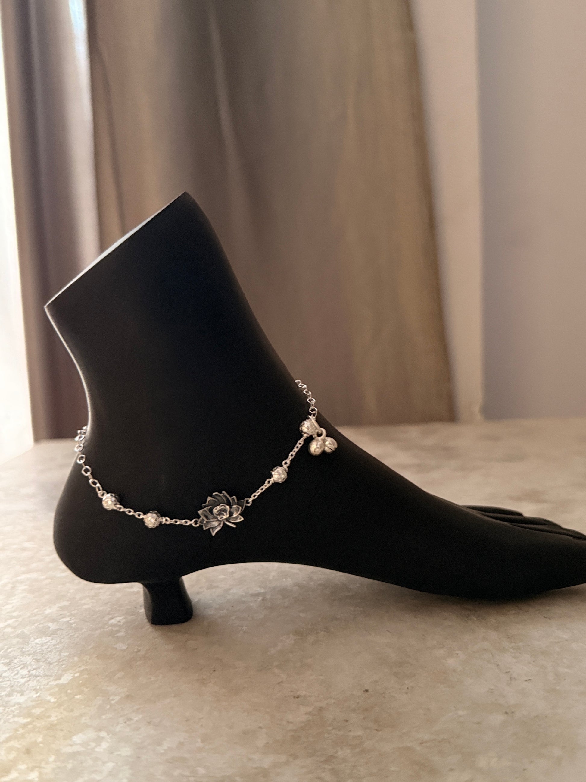 Handcrafted 925 silver lotus charm anklet for women