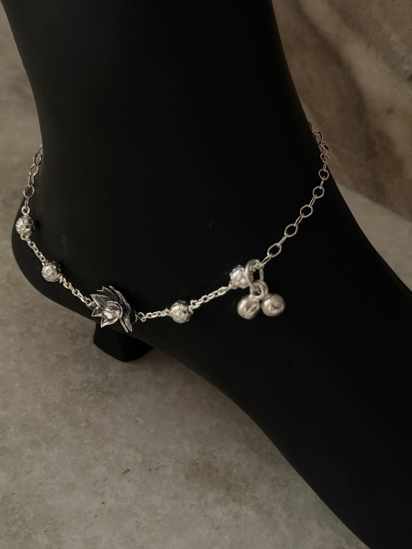 Spiritual lotus flower anklet in pure sterling silver