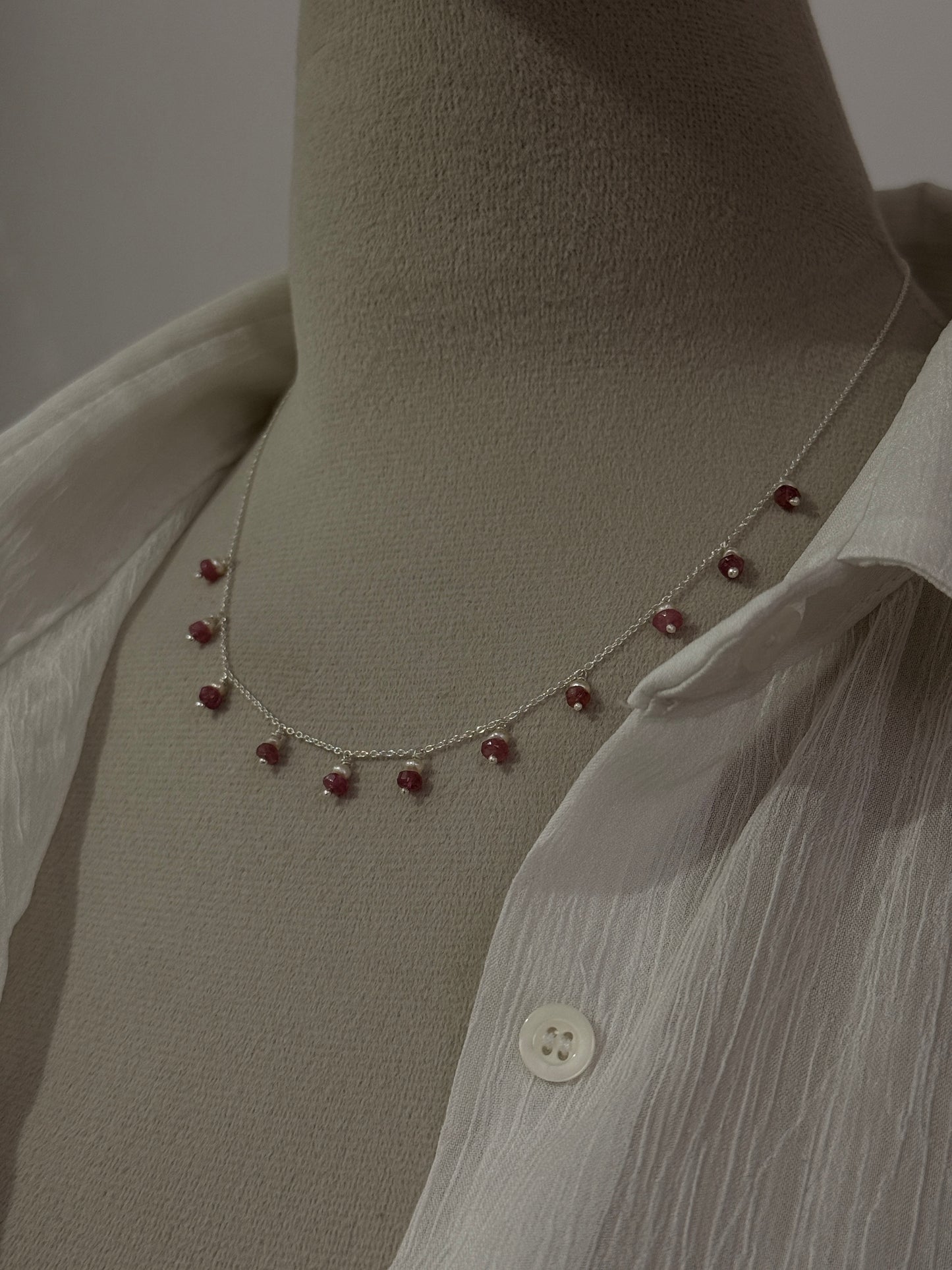 Pink Tourmaline and Freshwater Pearl Sterling Silver Choker Necklace  