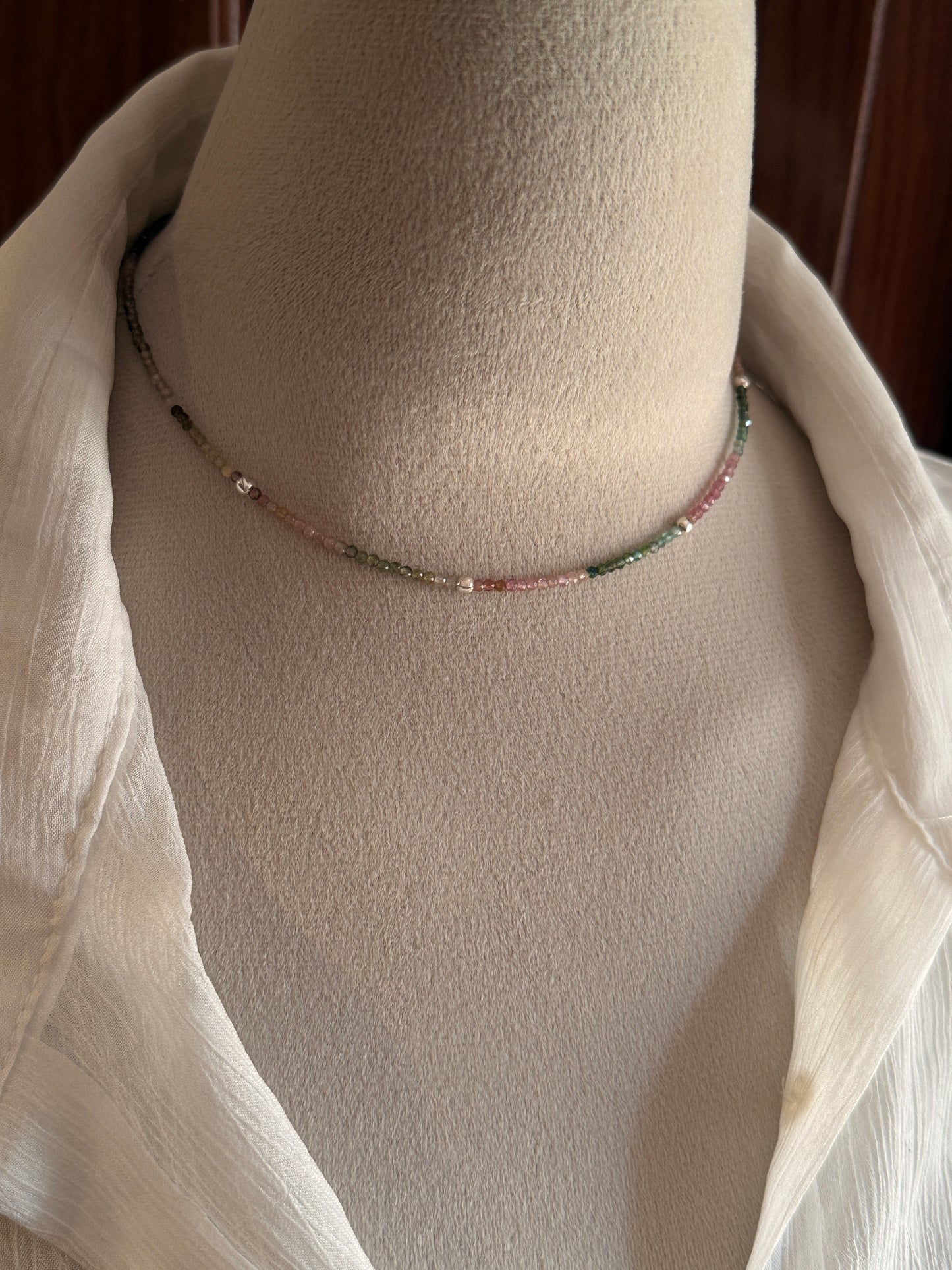 Multi Tourmaline 2MM Crystals & Silver Balls  925 Sterling Silver Necklace