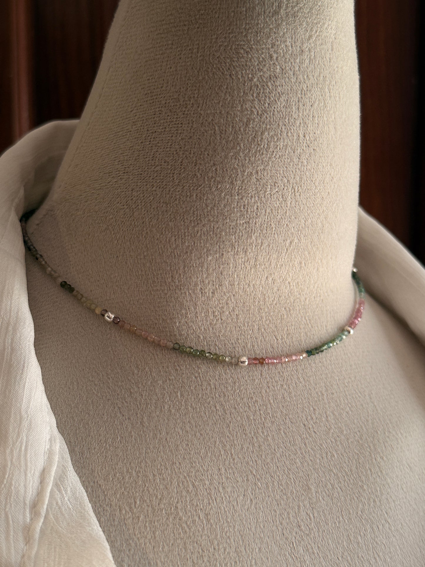 Multi Tourmaline 2MM Crystals & Silver Balls  925 Sterling Silver Necklace