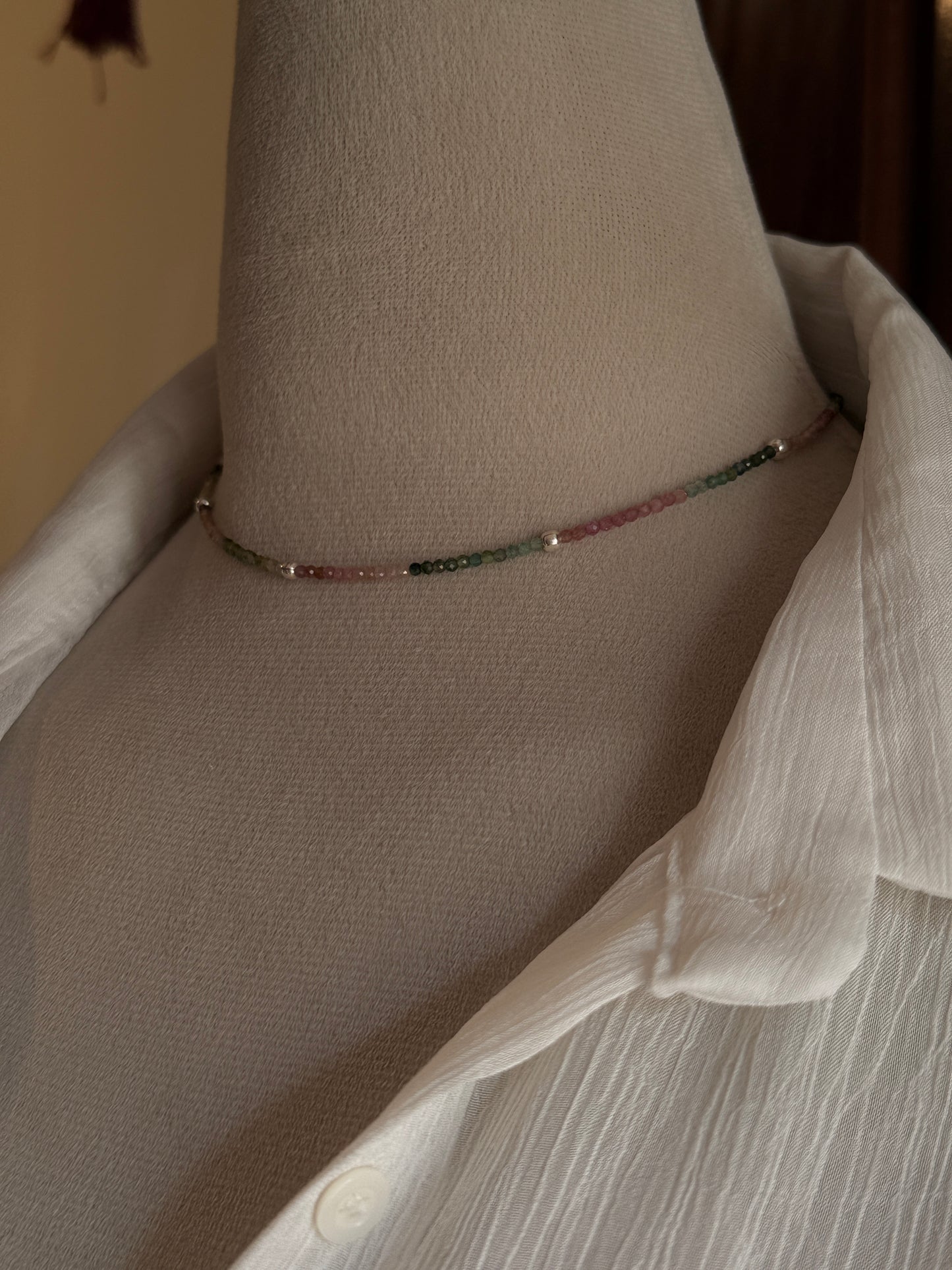 Multi Tourmaline 2MM Crystals & Silver Balls  925 Sterling Silver Necklace