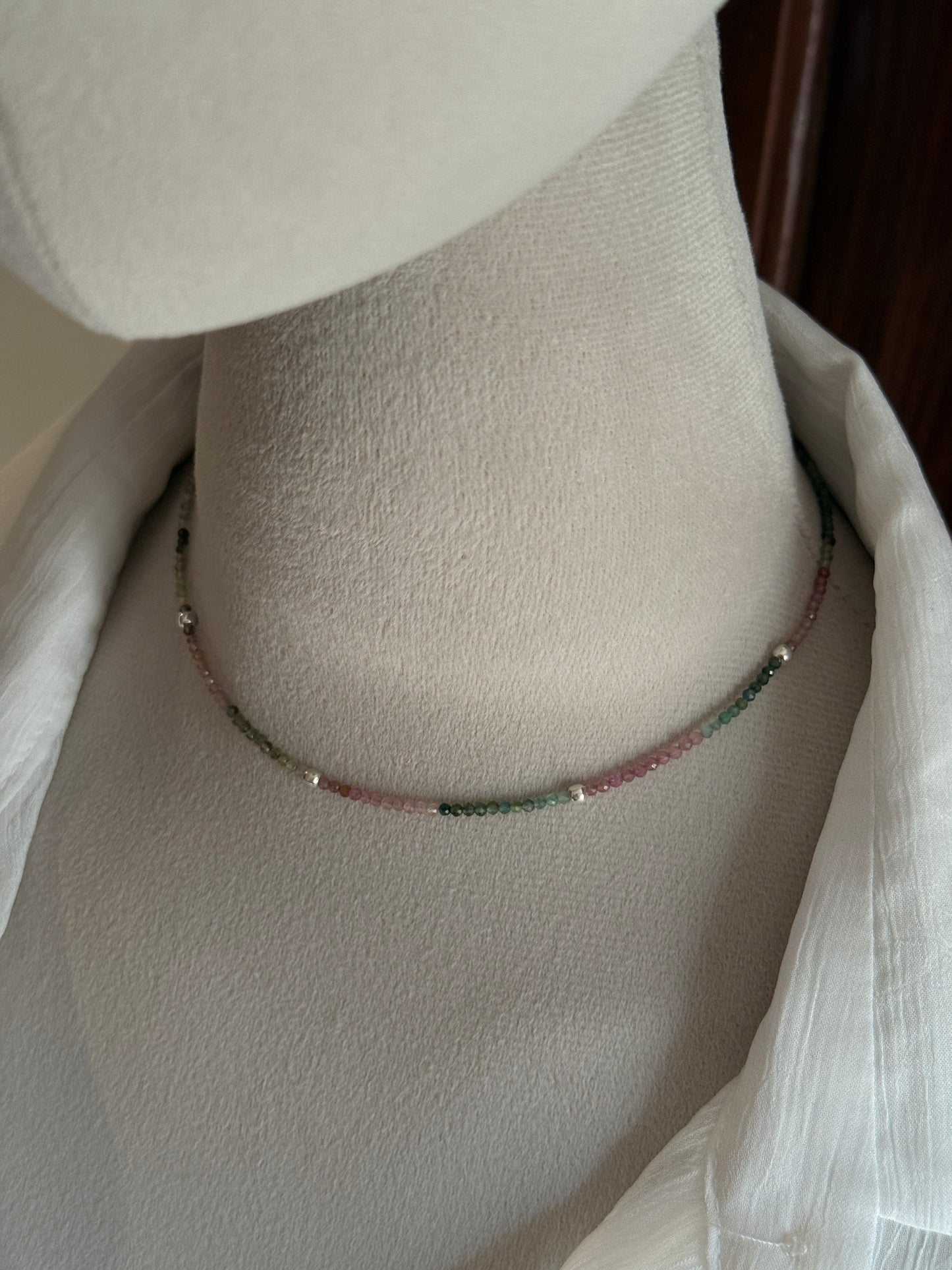 Multi Tourmaline 2MM Crystals & Silver Balls  925 Sterling Silver Necklace