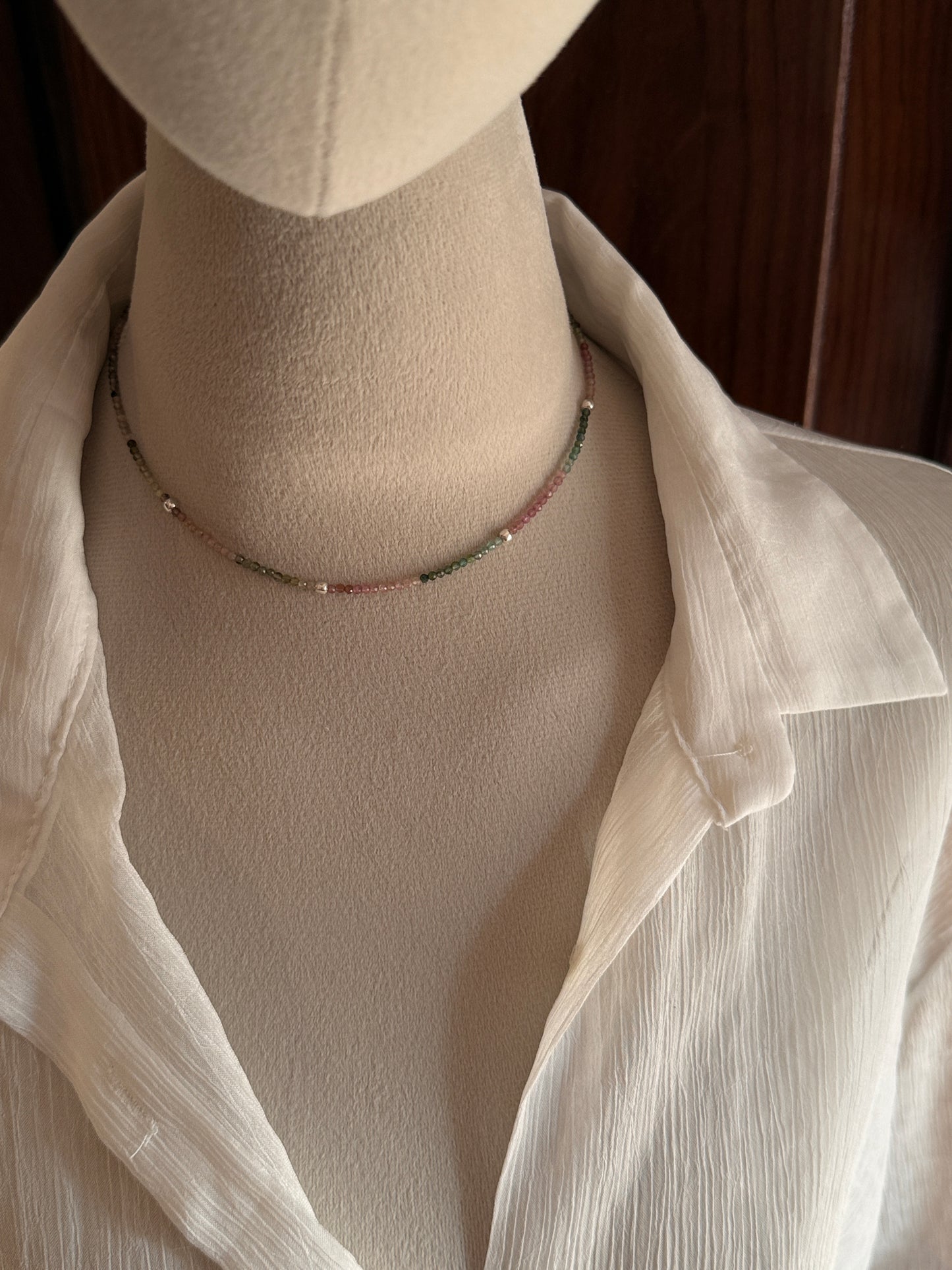 Multi Tourmaline 2MM Crystals & Silver Balls  925 Sterling Silver Necklace