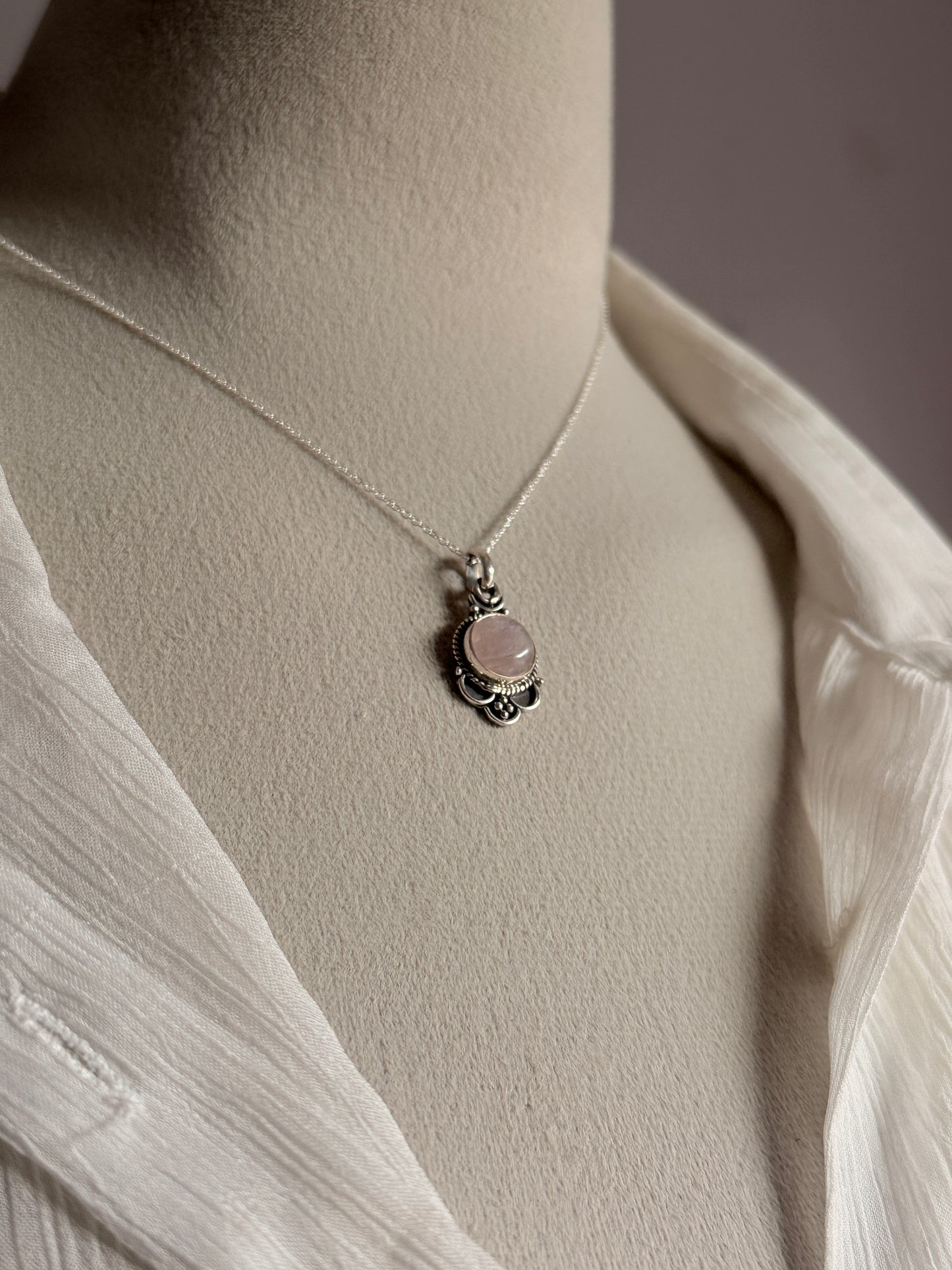 Rose Quartz Boho Round 925 Sterling Silver Pendant