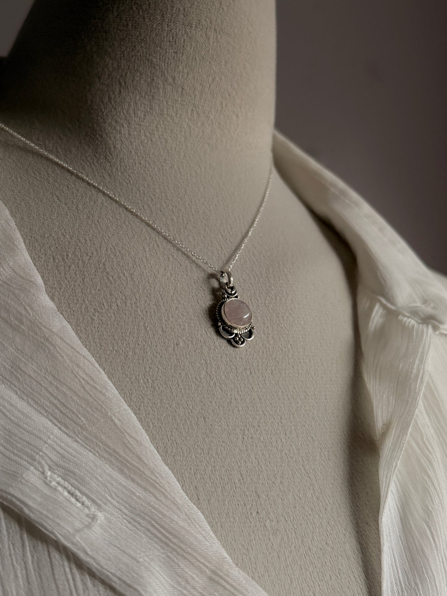 Rose Quartz Boho Round 925 Sterling Silver Pendant