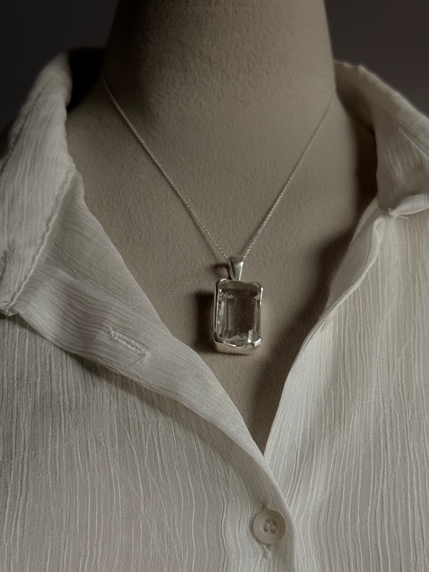 Clear Quartz Rectangular Big Statement Handcrafted 925 Sterling Silver Pendant