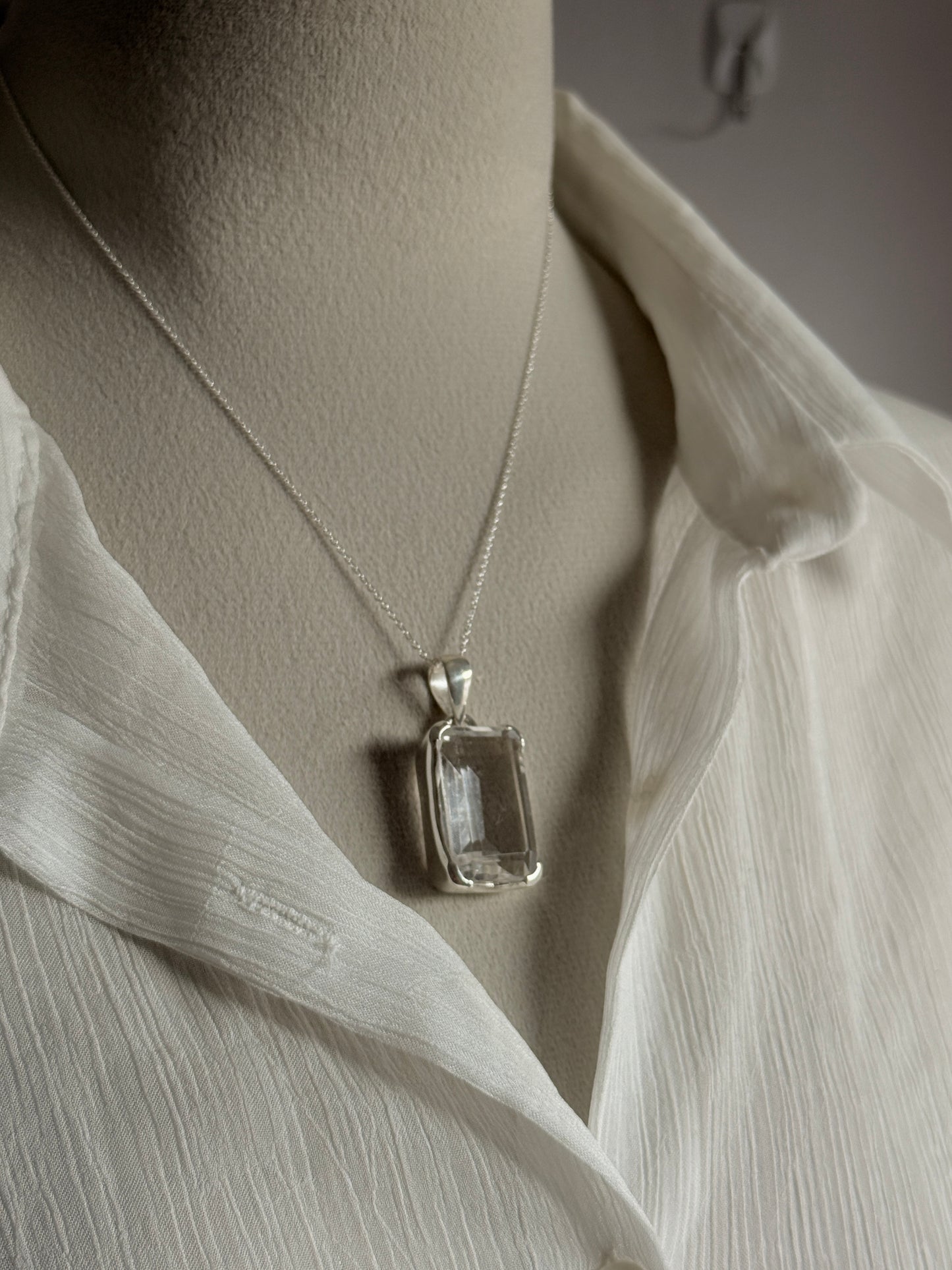 Clear Quartz Rectangular Big Statement Handcrafted 925 Sterling Silver Pendant